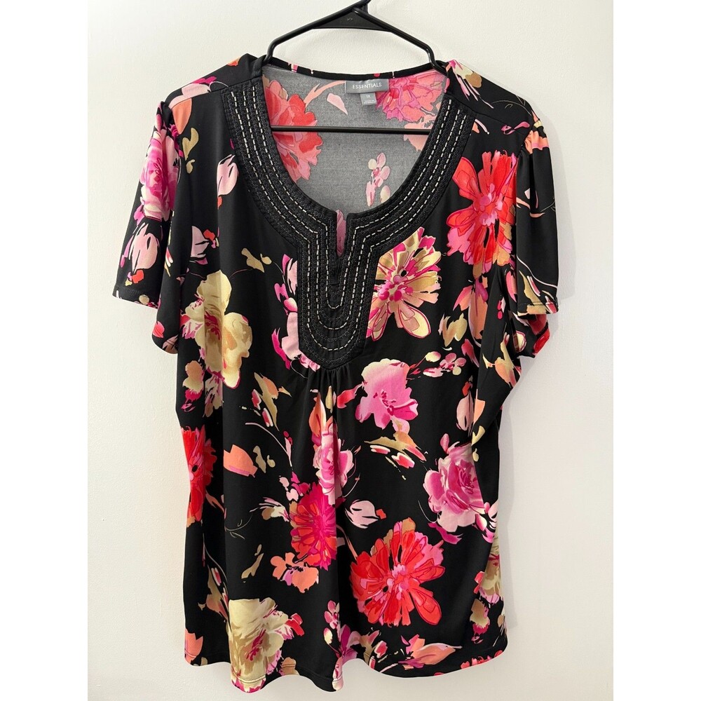 Floral Romantic Beaded Top Blouse Women's Plus 1X Cottagecore Black whimsygoth